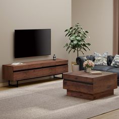 a living room with a couch, coffee table and television on top of the entertainment center