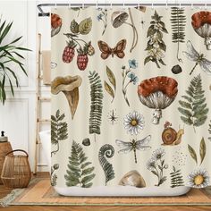 a shower curtain with various plants and insects on it