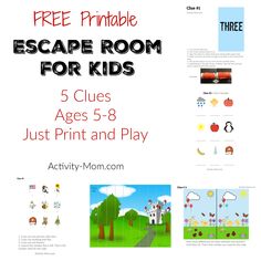 the escape room for kids is shown with pictures and text that reads, 5 clues just print