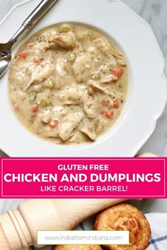 chicken and dumplings in a white bowl with text overlay that reads gluten free chicken and dumplings like cracker barrel