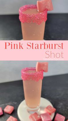 pink starburst shot in a tall glass on a plate with marshmallows