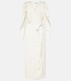 Satin wrap dress in white - Rotate | Mytheresa Formal V-neck Belted Dress With Tie Waist, Elegant Maxi Length V-neck Dress For Brunch, Elegant V-neck Faux Wrap Dress, Satin Midi Dress With Tie Waist For Evening, Formal Silk Dress With Tie Waist, Elegant Fitted Belted V-neck Dress, Chic V-neck Midi Dress With Tie Fastening, Elegant V-neck Wrap Dress For Spring, Silk Evening Maxi Dress With Tie Waist