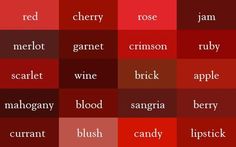 the names of different types of words in red and brown colors, with white letters on them