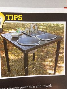 an advertisement showing two sinks and a lightbulb on the side of a table