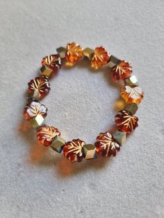 sparkly autumn leaf bracelet Fall Beaded Bracelet, Fall Bracelets, Fall Bead, Autumn Bracelet, Leaf Beads, Pearl Bracelets, Beaded Leaf, Leaf Bracelet, Autumn Leaf