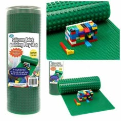 the building play mat is made from legos and green plastic, with instructions on how to use it