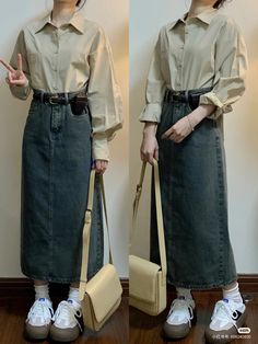 Midi Jeans Skirt Outfit Korean, Korean Long Denim Skirt Outfit Ideas, Rok Jeans Hijab Ootd, Korean Fashion Jean Skirt, Neat Casual Outfits, Simple Style Outfits