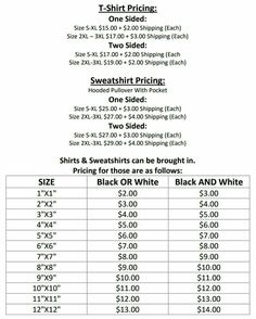 the pricing sheet for t - shirt pricing is shown in black and white, with two sides