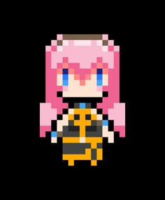 an image of a pixel art character with pink hair