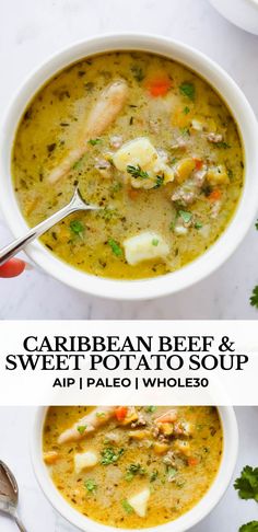 two bowls of seafood and sweet potato soup