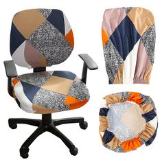 an office chair covered in fabric with different colors and patterns on the back, along with a matching seat cushion