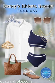 a woman wearing a white shirt and blue swimsuit with sunglasses on her head is holding a brown purse