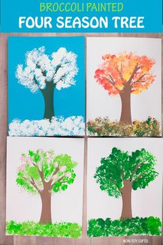 four different trees painted on white paper