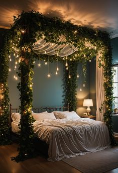 39 Dreamy Bedroom Decor Ideas (New) Green Bedding Aesthetic Boho, Room Ideas For A Big Room, Whimsical Fairy Room Decor, Cute Things For Bedroom, Fairytale Forest Bedroom, Fairy Forest Bedroom Ideas, Space Saving Room Ideas, Magic Forest Bedroom, Fairy Inspired Room