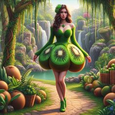 a painting of a woman in a kiwi dress walking down a path to a waterfall