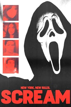 a movie poster for scream starring actors and ghost characters in red, white, and black