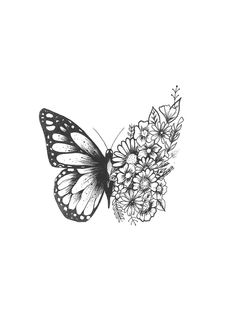 a black and white drawing of a butterfly with flowers