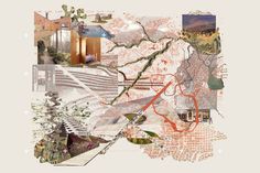 a collage of different images including trees, buildings and other things in the background