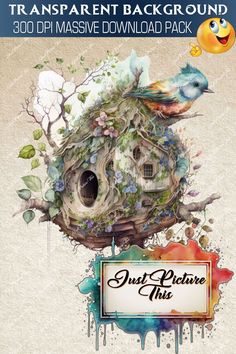 an image of a birdhouse with flowers and birds on it, surrounded by watercolor paint