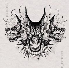 an artistic tattoo design with three demonic heads on it's face and the words, `