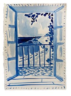 a blue and white drawing of an open window with trees in the foreground, looking out