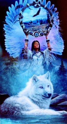 a white wolf laying on top of a body of water next to a woman with wings