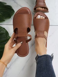 Rust Brown  Collar     Embellished   Women Shoes Women Casual Flats, Women Flat Sandals, Open Toe Slippers, Slip And Slide, Beach Slippers, Casual Slippers, Slides Shoes, Womens Sandals Flat, Casual Flats