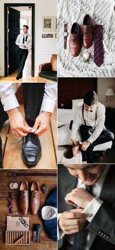 the groom is tying his shoes before getting ready