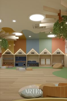 brinquedoteca estilo montessoriano Modern Playroom Design, Daycare Design Layout, Preschool Interior Design, Kids Play Area Ideas, Small Indoor Playground, Hanging Ceiling Decor, Daycare Interior Design, Daycare Room Design, Indoor Playground Design