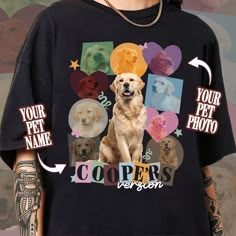 a person wearing a black shirt with pictures of dogs on it and the words your pet photo