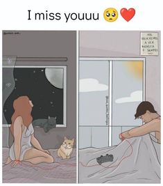 a woman laying in bed with a cat next to her and the caption reads, i miss you