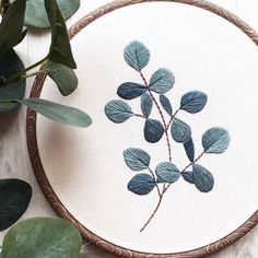 a white plate with blue leaves on it next to a potted plant and some greenery