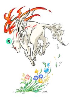 a drawing of a white horse with red and orange hair flying through the air over flowers