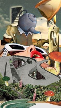 an artistic collage with many different objects including mushrooms, trees and other things in the background