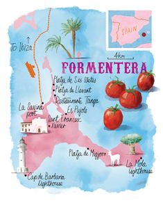 a map with tomatoes on it and the names of different countries in spanish, english and french