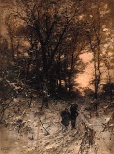 a painting of two people walking in the snow with trees behind them and one person on a horse drawn sleigh