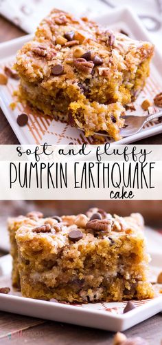 a close up of a piece of cake on a plate with the words soft and fluffy pumpkin earatome cake