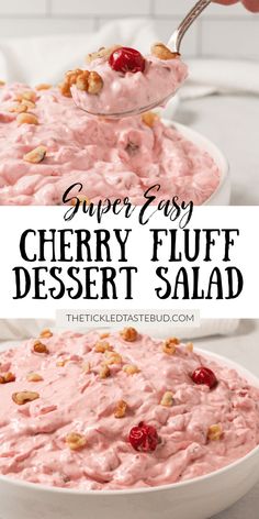 a white bowl filled with cherry fluff dessert salad on top of a table next to a