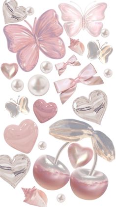 some pink and white heart shaped objects on a white background with pearls, beads and butterflies