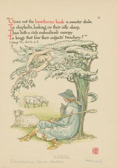 an illustration of a woman sitting under a tree next to a sheep and holding a stick