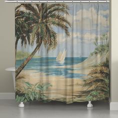 a shower curtain with palm trees and sailboats in the ocean