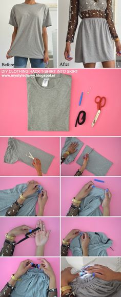 the instructions for how to sew a t - shirt with scissors and thread on pink background