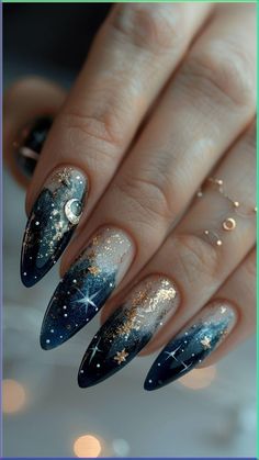 Want to make your nails look amazing? Check out these 50  nail art ideas that will make people notice you. Nail Ideas Celestial, Nail Inspiration Stars, Magic Nails Design, Nails With Moon Design, Fantasy Nails Designs, Stars And Moon Nails, Moonlit Wedding, Moon Nail Designs, Festival Nail Ideas