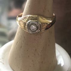 Vintage 1930's Diamond Ring In 14kt Yellow Gold With.28ct Diamond In Hexagon White Gold Mount Size 8.5 Can Be Sized Engraved Designs Stamped 14k Rare Piece Of Jewelry History Jewelry History, Diamond Signet Ring, Design Stamps, Ring Color, Signet Ring, Womens Jewelry Rings, Vintage Rings, Wedding Ring, Silver Gold