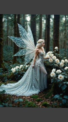 a woman dressed as a fairy standing in the woods surrounded by white roses and flowers