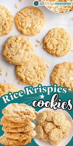 collage image showing a variety of presentation of Rice Krispie Cookies. Triple Treat Cookies, Baked Rice Crispy Treats, Recipes That Use Rice Krispies, Chocolate Chipless Rice Crispy Treat Cookies, Uses For Rice Krispie Cereal, Crumbl Cookie Rice Krispie Recipe, Chocolate Chip Rice Krispy Cookies