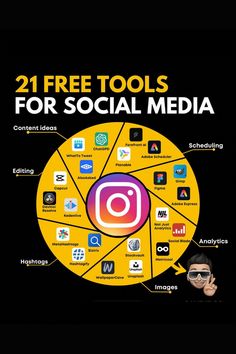 a poster with the words 21 free tools for social media on it, and an image of