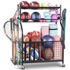 a rack filled with different types of sports equipment