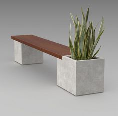 a wooden bench sitting next to a cement planter with a succulent in it