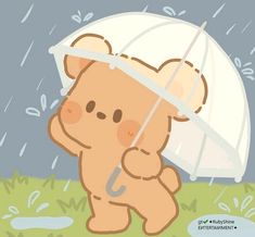 a cartoon bear holding an umbrella in the rain with it's paws on its head